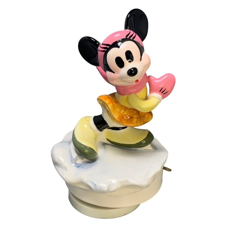 Vintage Schmid Minnie Mouse Ceramic Musical Figurine Ice Skating 1984